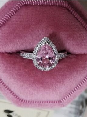 Swarovski Elements 925 Sterling Silver Pink CZ Teardrop Solitaire Ring NEW